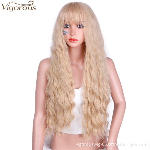 Vigorous 26 Inch Blonde 30-613 Color Long Wavy Wig with Bangs Glueless Synthetic Party Halloween Wigs